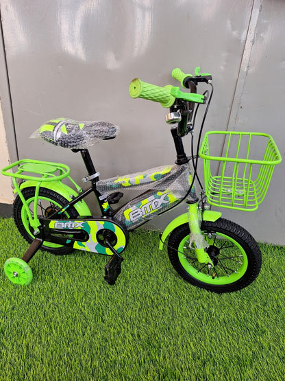 size 12 BMX kids bike with carrier & front basket + side balancing wheels with lights