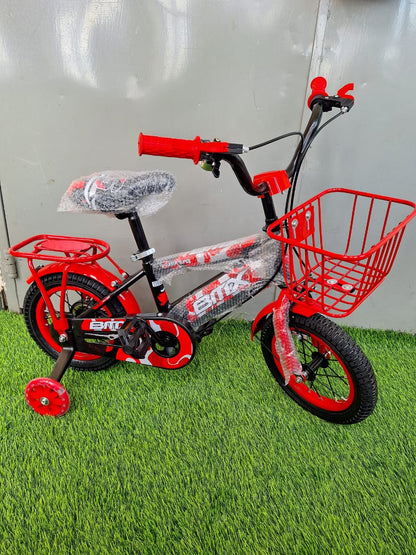 size 12 BMX kids bike with carrier & front basket + side balancing wheels with lights