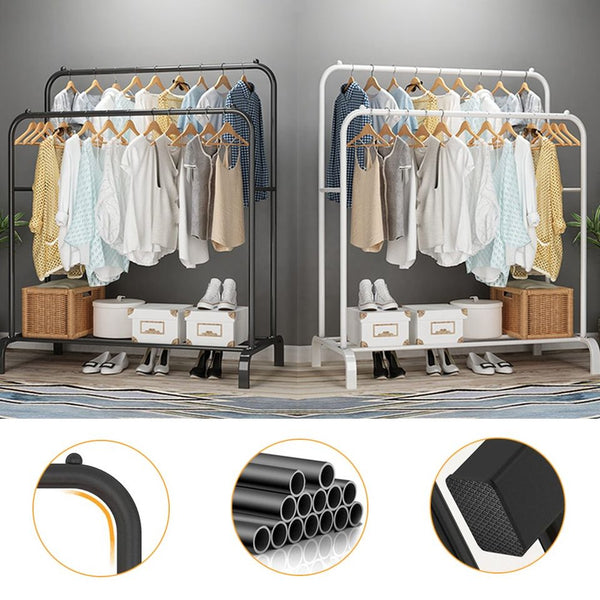 Heavy Duty Metal Clothes Rack(large) with Shelves & 4 Hooks – Freestanding Double Rail Garment Organizer for Bedroom or Entryway