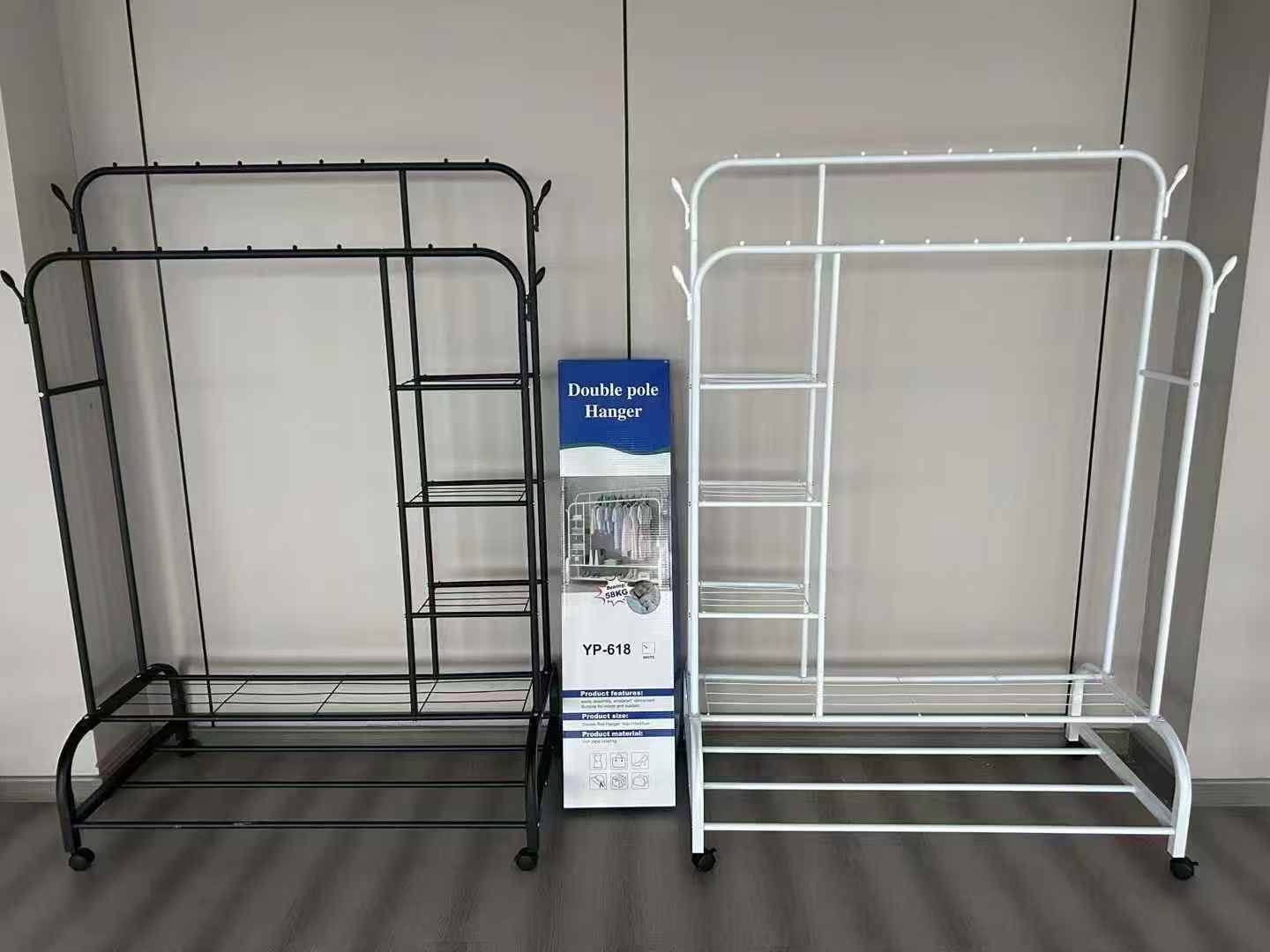 Heavy Duty Metal Clothes Rack(large) with Shelves & 4 Hooks – Freestanding Double Rail Garment Organizer for Bedroom or Entryway