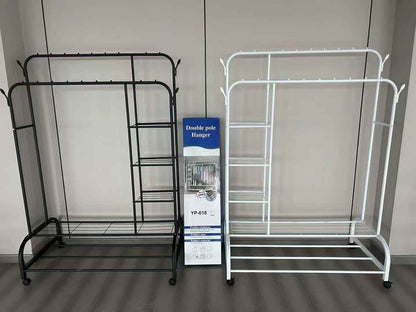 Heavy Duty Metal Clothes Rack(large) with Shelves & 4 Hooks – Freestanding Double Rail Garment Organizer for Bedroom or Entryway