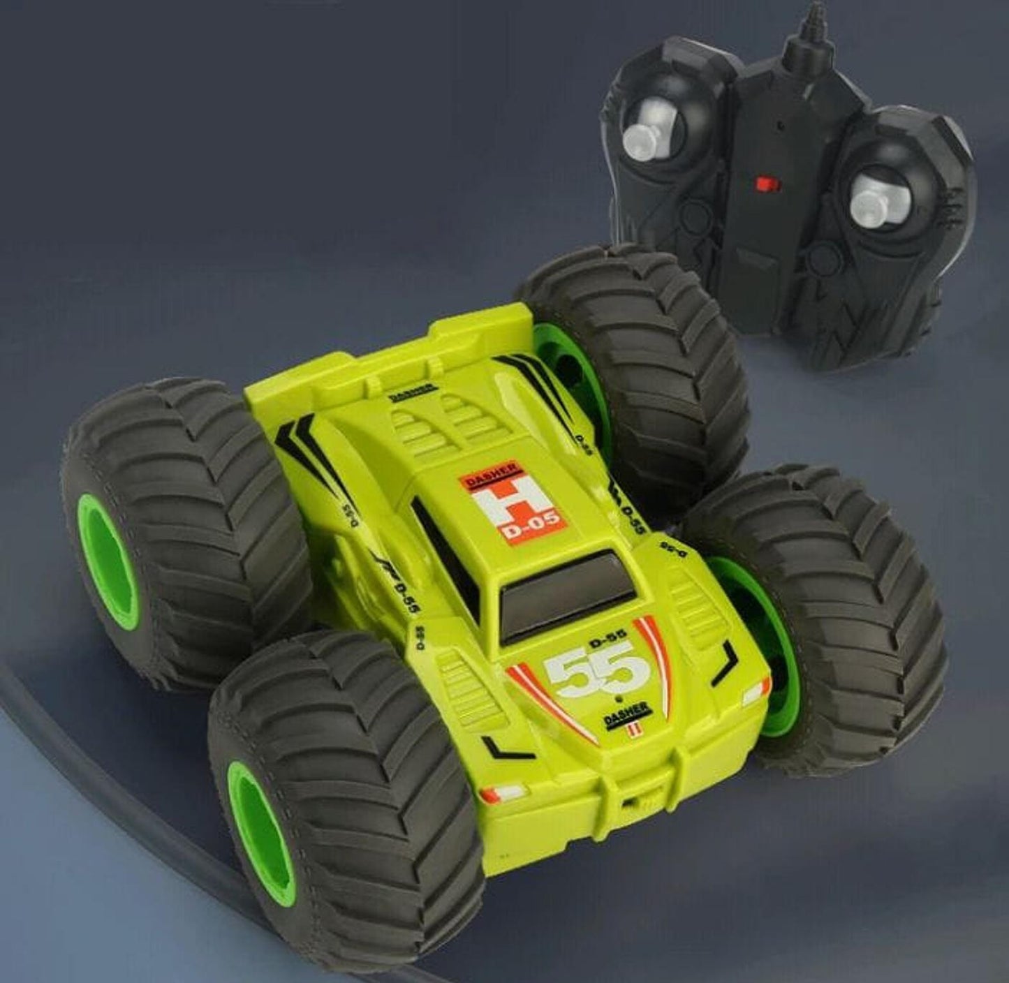 Double sided stunt car with rubber wheels