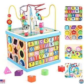 Wooden Activity Cube for Toddlers, 5-in-1 Educational Learning Toy, Bead Maze